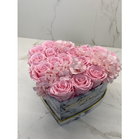 MARBLE FLOWER BOX WITH 14 BRIDAL PINK ROSES AND DRYED HYDRANGEA