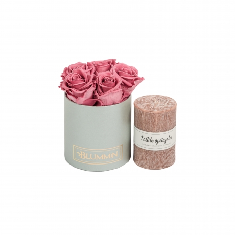 KOMPLEKT "Kallile õpetajale!" - Midi helehall karp Vintage Pink roosidega ja roosakaspruuni küünlaga