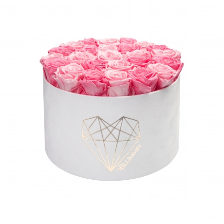 EXTRA LARGE LOVE WHITE VELVET BOX WITH MIX (BRIDAL PINK & BABY PINK) ROSES
