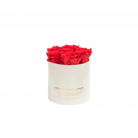SMALL BLUMMiN - WHITE LEATHER BOX WITH VIBRANT RED ROSES