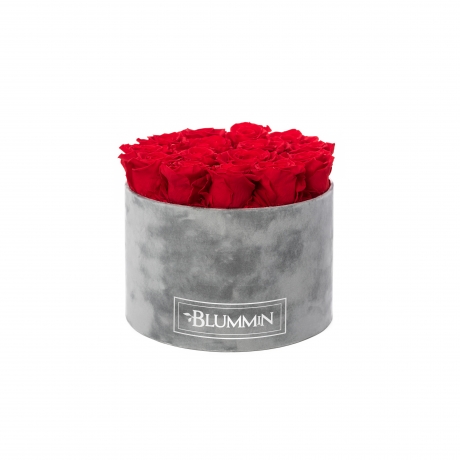 LARGE VELVET LIGHT GREY BOX WITH VIBRANT RED ROSES