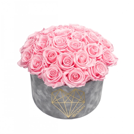 BOUQUET WITH 25 ROSES - LARGE LOVE LIGHT GREY VELVET BOX WITH BRIDAL PINK ROSES