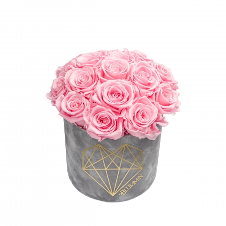  BOUQUET WITH 15 ROSES - MEDIUM LOVE LIGHT GREY VELVET BOX WITH BRIDAL PINK ROSES