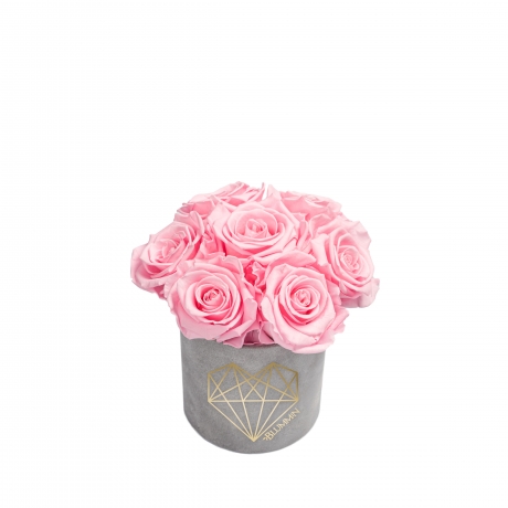 BOUQUET WITH 7 ROSES - MIDI LOVE LIGHT GREY VELVET BOX WITH BRIDAL PINK ROSES