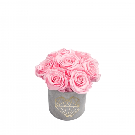 BOUQUET  WITH 7 ROSES - MIDI LOVE LIGHT GREY VELVET BOX WITH BRIDAL PINK ROSES