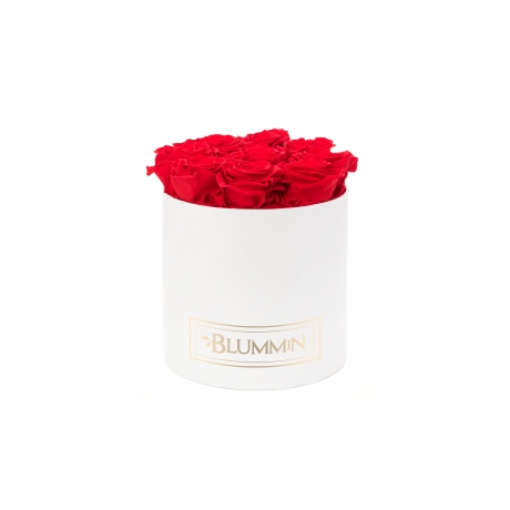 MEDIUM BLUMMIN WHITE BOX WITH VIBRANT RED ROSES