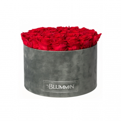 EXTRA LARGE VELVET DARK GREY BOX WITH VIBRANT RED ROSES