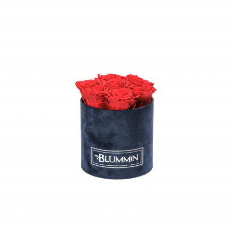 SMALL BLUMMIN DARK BLUE VELVET BOX WITH VIBRANT RED ROSES