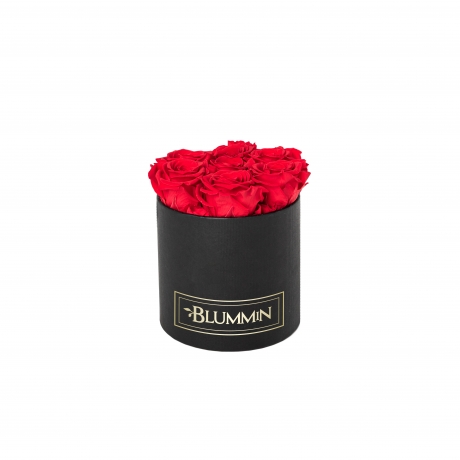 SMALL CLASSIC BLACK BOX WITH VIBRANT RED ROSES