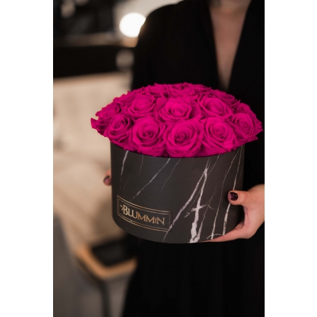 BOUQUET  WITH 25 ROSES - LARGE BLUMMIN BLACK MARBLE BOX WITH HOT PINK ROSES