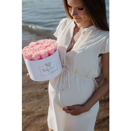 BABY GIRL - WHITE VELVET BOX WITH BRIDAL PINK ROSES 