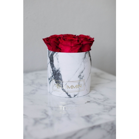 SMALL WHITE MARMOR BOX WITH VIBRANT RED ROSES