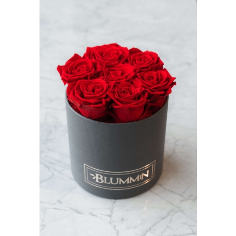 SMALL DARK GREY BOX WITH VIBRANT RED ROSES