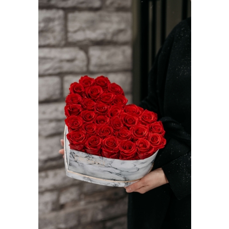 MARBLE FLOWERBOX WITH 29-31 VIBRANT RED ROSES