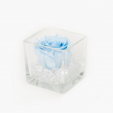 GLASS VASE WITH LIGHT BLUE ROSE AND CRYSTALS