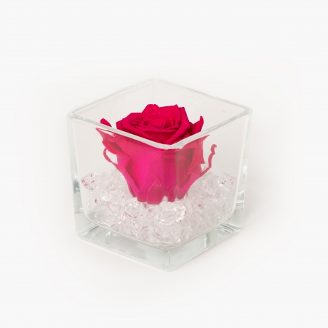 GLASS VASE WITH HOT PINK ROSE AND CRYSTALS