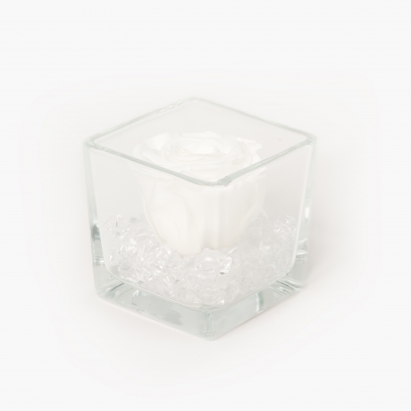 GLASS VASE WITH WHITE ROSE AND CRYSTALS (8x8 cm)