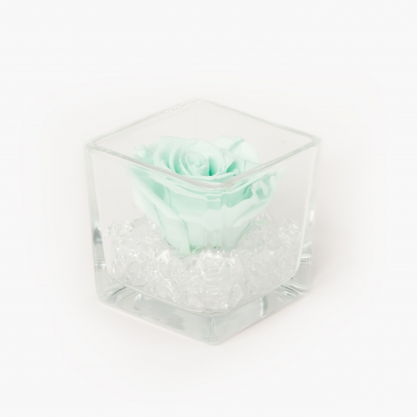 GLASS VASE WITH MINT ROSE AND CRYSTALS