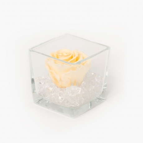 GLASS VASE WITH CHAMPAGNE ROSE AND CRYSTALS (8x8 cm)