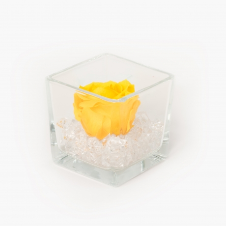 GLASS VASE WITH YELLOW ROSE AND CRYSTALS