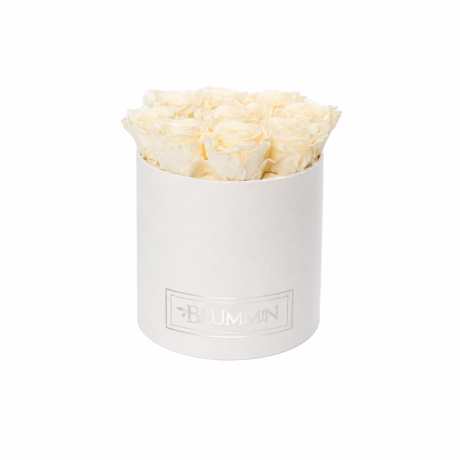 MEDIUM WHITE VELVET BOX WITH ICE PINK ROSES