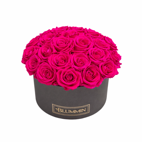 BOUQUET  WITH 25 ROSES - LARGE BLUMMIN DARK GREY BOX WITH HOT PINK ROSES