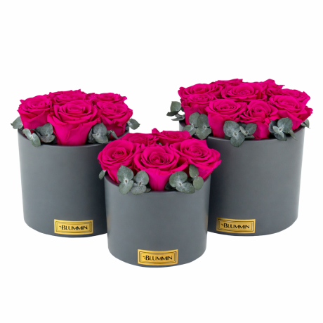 DARK GREY CERAMIC POT WITH HOT PINK ROSES AND EUCALYPTUS