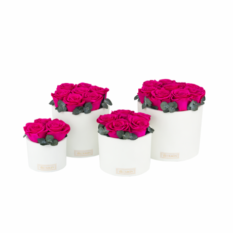WHITE CERAMIC POT WITH HOT PINK ROSES AND EUCALYPTUS