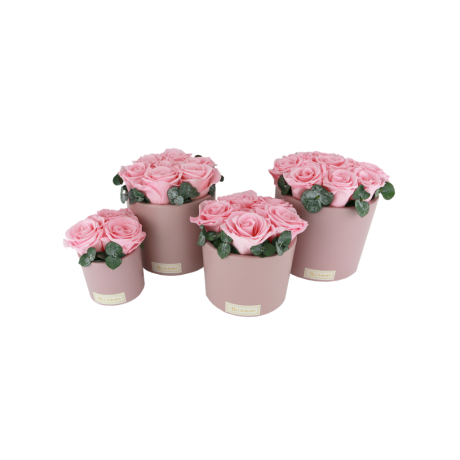 PINK CERAMIC POT WITH BRIDAL PINK ROSES AND WITH EUCALYPTUS