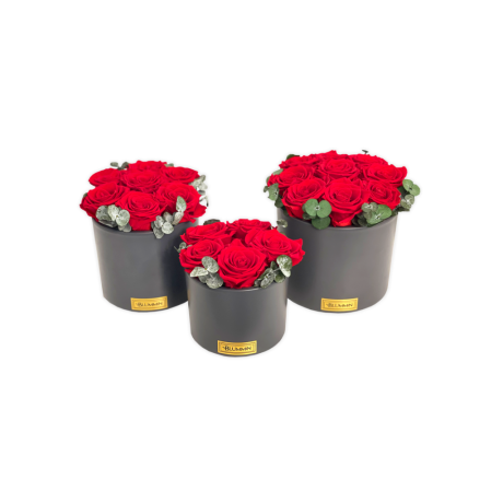 DARK GREY CERAMIC POT WITH VIBRANT RED ROSES AND EUCALYPTUS