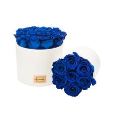 WHITE CERAMIC POT WITH OCEAN BLUE ROSES