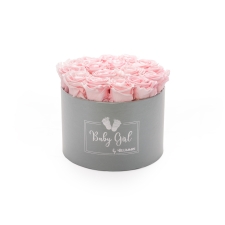 BABY GIRL - LIGHT GREY BOX WITH 15 BRIDAL PINK ROSES 