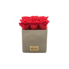 LIGHT GREY CERAMIC POT WITH 9 VIBRANT RED ROSES