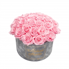 -20%  ЛЮБИМОЙ МАМОЧКЕ BOUQUET WITH 25 ROSES - LARGE LIGHT GREY VELVET BOX WITH BRIDAL PINK ROSES