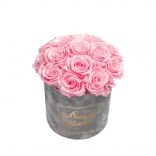-20% ЛЮБИМОЙ МАМОЧКЕ BOUQUET WITH 15 ROSES -  MEDIUM LIGHT GREY VELVET BOX WITH BRIDAL PINK ROSES