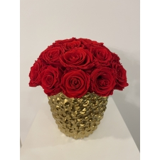 GOLDEN CERAMIC POT WITH 23-27 VIBRANT RED ROSES