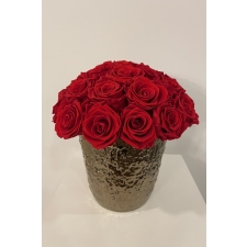 BRONZE CERAMIC POT WITH 23-27 VIBRANT RED ROSES