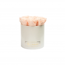 Medium WHITE LEATHER BOX WITH PEACHY PINK ROSES
