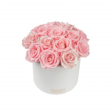 BOUQUET WITH 15 ROSES -WHITE CERAMIC POT WITH  BRIDAL PINK & PEARL PINK ROSES