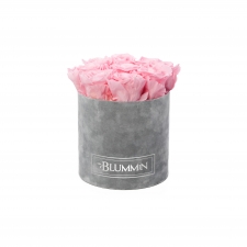MEDIUM VELVET LIGHT GREY BOX WITH BRIDAL PINK ROSES