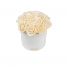 BOUQUET WITH 11 ROSES - WHITE CERAMIC POT WITH CHAMPAGNE & PEARL CHAMPAGNE ROSES
