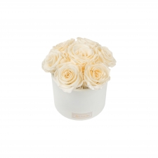 BOUQUET WITH 7 ROSES - WHITE CERAMIC POT WITH CHAMPAGNE & PEARL CHAMPAGNE ROSES