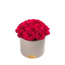 BOUQUET WITH 15 ROSES - BEIGE CERAMIC POT WITH CHERRY ROSES