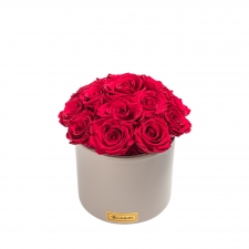 BOUQUET WITH 15 ROSES - BEIGE CERAMIC POT WITH CHERRY ROSES