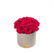 BOUQUET WITH 11 ROSES - BEIGE CERAMIC POT WITH CHERRY ROSES