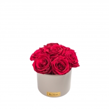 BOUQUET WITH 7 ROSES - BEIGE CERAMIC POT WITH CHERRY ROSES