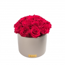 BOUQUET WITH 17 ROSES - BEIGE CERAMIC POT WITH CHERRY ROSES