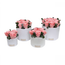 WHITE CERAMIC POT WITH CANDY PINK ROSES AND EUCALYPTUS