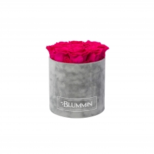 MEDIUM VELVET LIGHT GREY BOX WITH HOT PINK ROSES