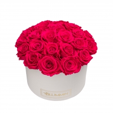 BOUQUET  WITH 25 ROSES - LARGE BLUMMIN WHITE LEATHER BOX WITH HOT PINK ROSES